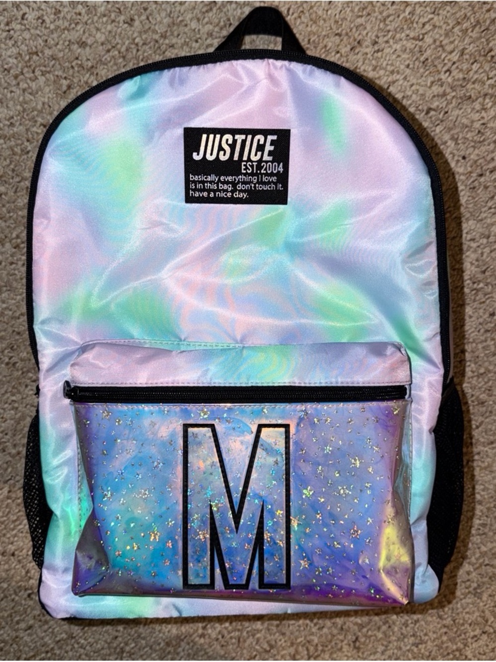 Justice Iridescent Holographic Purple Backpack with M Initial